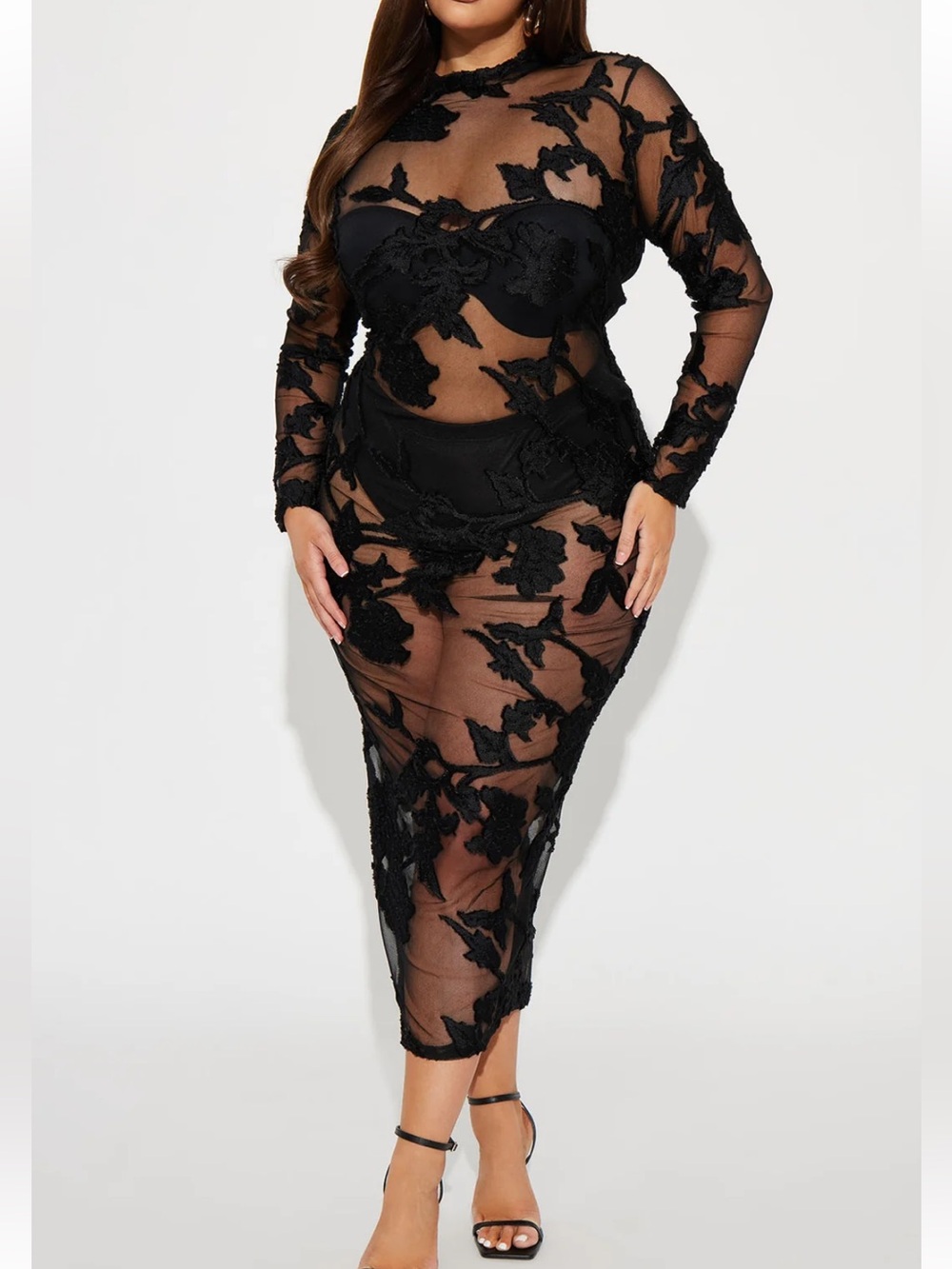 Fashion Nova Finale Rose Black Sheer Floral Appliqué Long Sleeve Maxi Dress